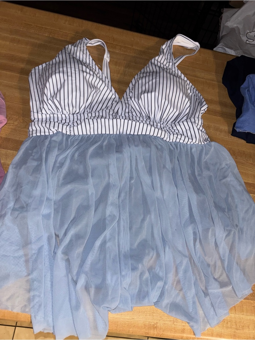 Striped White & Light Blue Mesh Swim dress, NWT